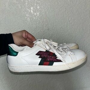 Gucci Ace White Leather Sneakers | Glitter Lightning Bolt | Red Green stripes